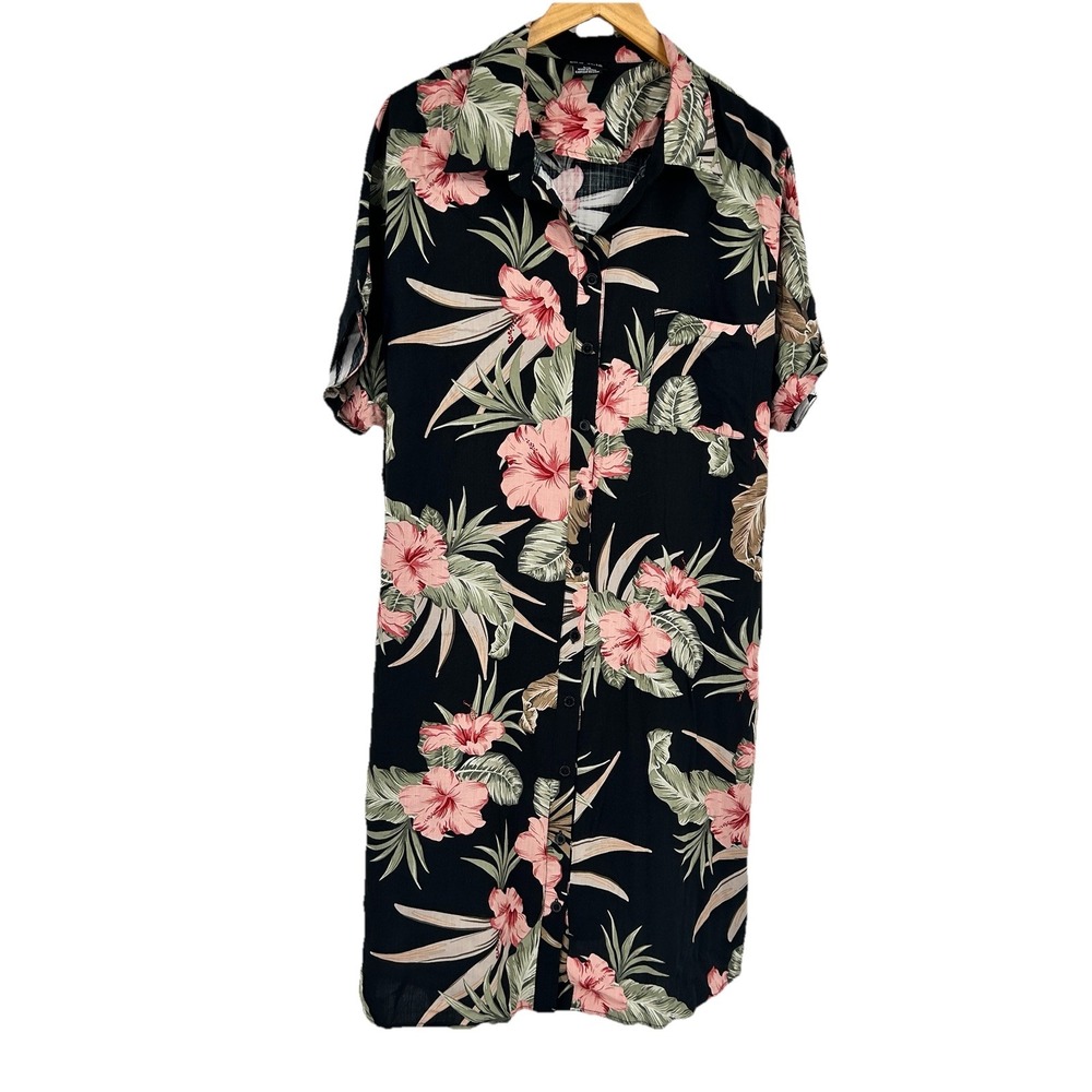 Tropical Floral Button Up Shirt Dress Womens 16 Vacation Resort Preppy Coastal